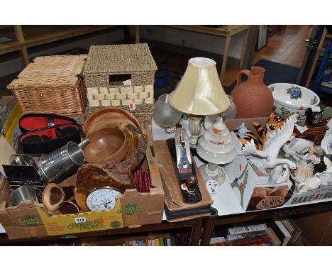 TWO BOXES AND LOOSE MISCELLANEOUS ITEMS, to include a onyx touch lamp, vintage No.5 Stanley plane, large Portmeirion Pomona m