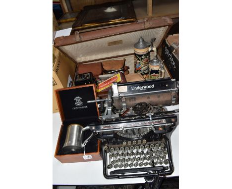 A LIVER VULCANISED FIBRE SUITCASE CONTAINING THREE CAMERAS comprising one Conway, one Coronet Twelve-20 and a Kodak Brownie 1