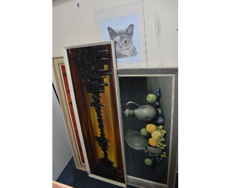 THREE DECORATIVE MID-CENTURY  PICTURES, comprising a city skyline at night composed of painted wooden strips on a painted bac