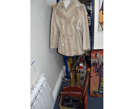 A BOX AND LOOSE LADIES' CLOTHING AND ACCESSORIES, comprising a vintage Jontique faux fur jacket, size 8, two fox fur stoles, 