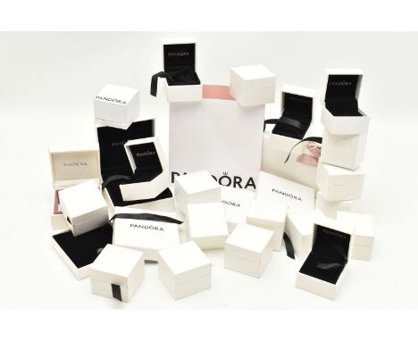 A PLASTIC BOX OF EMPTY JEWELLERY BOXES, white 'Pandora' signed boxes for rings, earrings, bracelets etc (condition report: al
