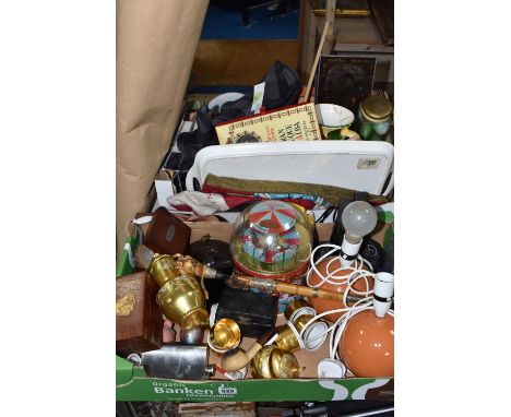 TWO BOXES AND LOOSE MISCELLANEOUS SUNDRIES to include a souvenir Indonesian-style dagger with a resin cockatoo head and bone 