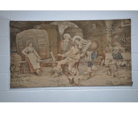 A RECTANGULAR TAPESTRY, that has been mounted to a board, depicting an art scene by Francesco Vinea, 153cm x 84cm (condition 