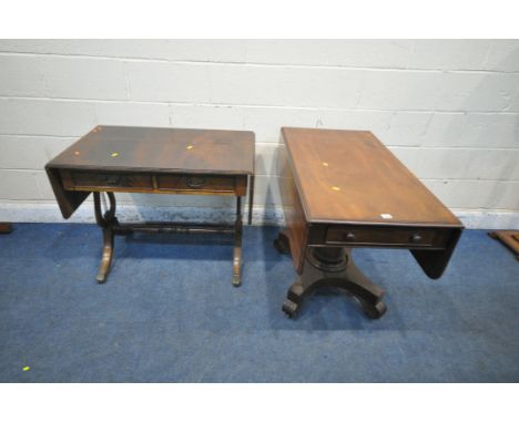 A REGENCY MAHOGANY DROP LEAF PEMBROKE TABLE, with a singe drawer, 100cm x depth 55cm x height 75cm, and a mahogany sofa table