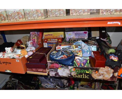 THREE BOXES AND LOOSE CHILDREN'S TOYS AND MISCELLANEOUS, to include a complete set of carved wooden chess pieces in a wooden 