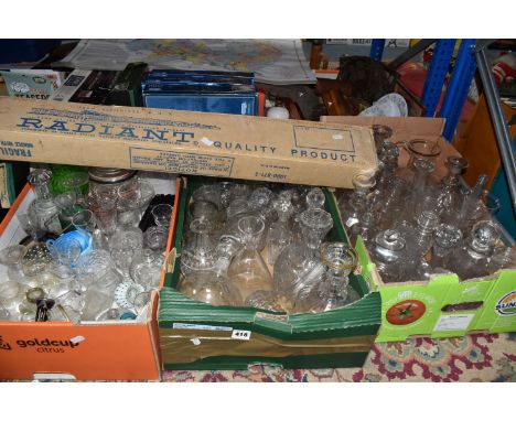 THREE BOXES OF GLASSWARE AND LOOSE MISCELLANEOUS ITEMS, to include cut glass decanters, jars, cruet set, jugs glasses, bud va