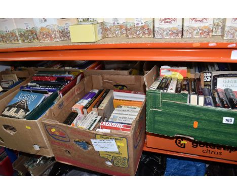 EIGHT BOXES OF BOOKS, subjects to include romance novels, cookery, places, formula 1, horror, vintage children's stories, Rut