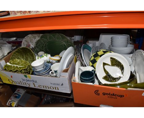 FIVE BOXES OF CERAMIC KITCHENWARE, to include Johnson Brothers fine tableware 'Heritage' white plates, bowls, cups and saucer