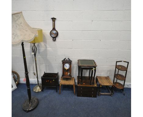 A VARIETY OF OCCASIONAL FURNITURE, to include a three tier folding cake stand, two rush stools, a nest of two tables, a small