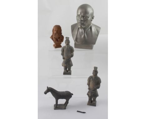 A terracotta bust of Tennyson, height 11cm and an alloy bust of Lenin, impressed signature Abaaoe and dated 1985 verso, heigh