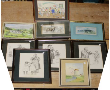 A quantity of oil and watercolour paintings and prints to include an acrylic of a cityscape with exchange station and adverti