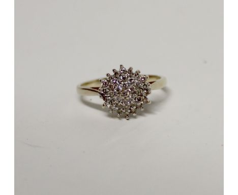 A 9ct yellow gold diamond cluster ring, size Q, approx 2.9g.