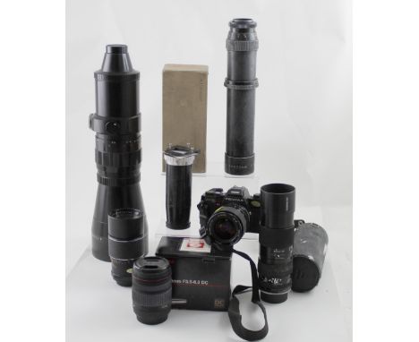 A quantity of cameras and lenses to include Pentagon 5.6/500 lens, Tamron SP 70-120 lens, Tamron F=400ml lens, OHNA Reverser 