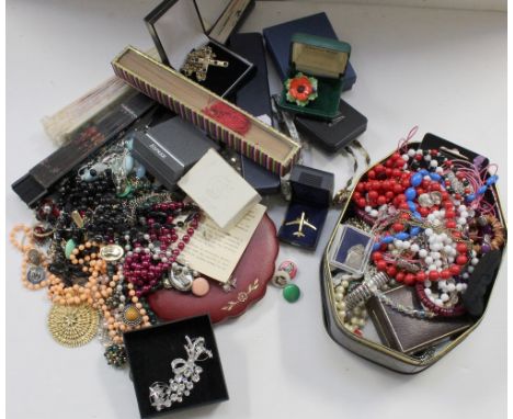 A quantity of mainly vintage costume jewellery to include a commemorative Coronation of Elizabeth II tin containing necklaces