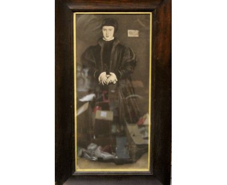 After Hans Holbein; a 19th century monolithograph depicting a portrait of Christina of Denmark, Duchess of Milan, framed and 