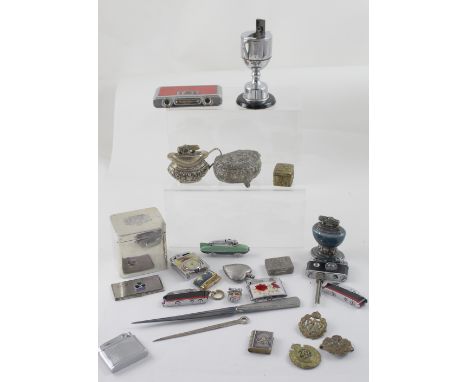 A quantity of table and pocket cigarette lighters to include Ronson and Mosda table lighters, pocket lighters in the form of 