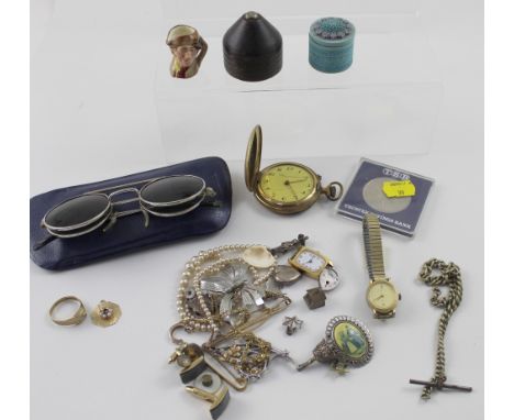 A quantity of costume jewellery, a pocket watch, a 9ct gold signet ring, a 14ct gold ruby and pearl fob, a quantity of watche