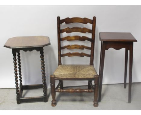 A Victorian ladder-back nursing chair with rush seat, a mahogany jardinière stand and an octagonal table with barleytwist sup