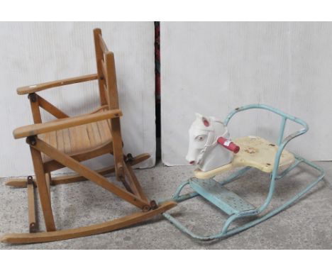 A vintage child's rocker in the form of a horse and one other child's rocker (2).