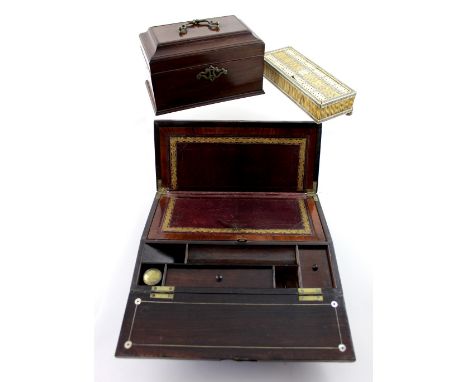 A Victorian rosewood writing slope  with mother of pearl inlay, width 35cm, a 19th century porcupine domino box, with bone in