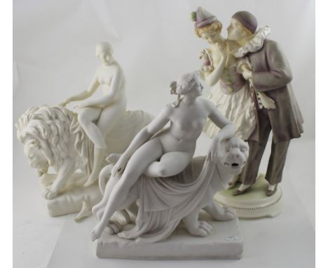 An early 20th century ceramic figure of Pierrot and Pierrette, on a spreading circular base, height approx 45cm, two early 20