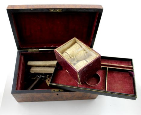 A 19th century bird's-eye maple red velvet lined jewellery box containing three vintage pens to include a boxed 'The Dinky Co