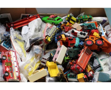 A large quantity of diecast and other vehicles to include Matchbox, Lesney, Corgi etc, buses, Ford Capri, truck, farm vehicle