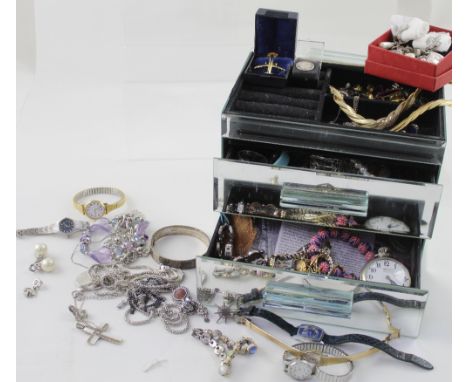 A glass three-drawer jewellery box containing a quantity of vintage and contemporary costume jewellery to include bracelets, 