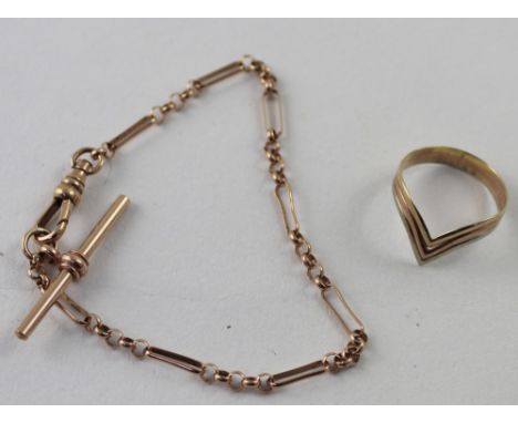 A 9ct rose gold link bracelet and a 9ct triple colour gold wishbone ring, size N, combined approx 5.4g (2).