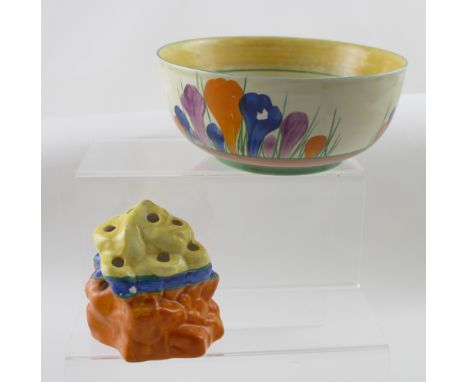 A Clarice Cliff bowl, 'Crocus' pattern, marked to the base 'Bizarre by Clarice Cliff Crocus', diameter 20cm and a Clarice Cli