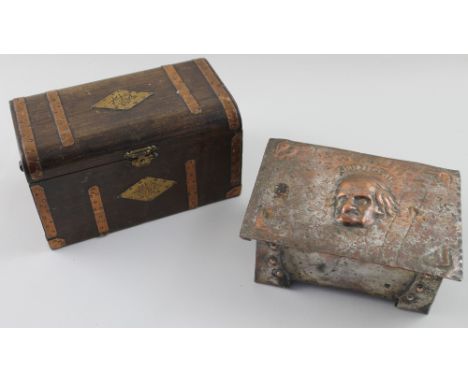 A metal Arts &amp; Crafts box, the lid inscribed 'Chuzzlewit', 6 x 15.5cm and an Oriental-style tea caddy, 9.5 x 17cm (2).