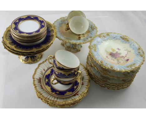 A Royal Worcester blush ware part dessert service to include six plates and three tazzas, all hand painted with various seaso