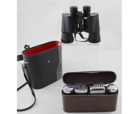 A cased pair of Panorama 10x50 Field Number 5 binoculars c1960 and a cased vintage shaving kit (2).