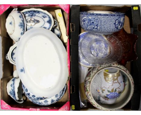 A collection of antique/vintage pottery and glassware to include a flow blue part dinner service, commemorative pressed glass