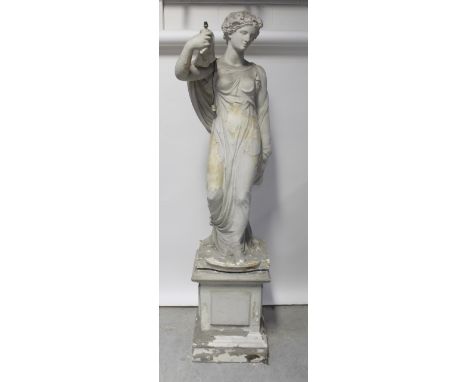 A 19th century life-sized figure of a young woman in Classical Grecian costume, standing on a stone plinth base, height 222cm