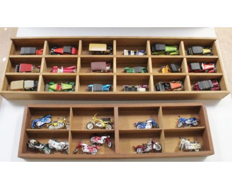 Two wooden display cases, one containing eighteen Matchbox by Lesney Models of Yesteryear vehicles, vintage cars to include '