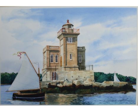 M CHADWICK JUNER; a watercolour, lighthouse on rocky outcrop and sailing boat in the foreground, 29 x 39cm, framed and glazed