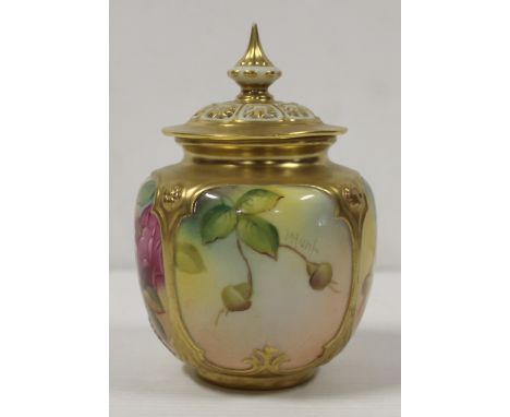 A Royal Worcester hand painted pot pourri and cover with panelled decoration depicting roses and floral sprays, by M Hunt, pu