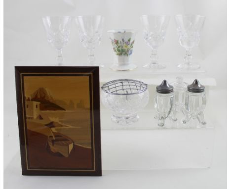 Two boxed sets of two Stuart Crystal wine glasses 'Glengarry' pattern, a small crystal rose bowl, a boxed Aynsley 'Wild Tudor