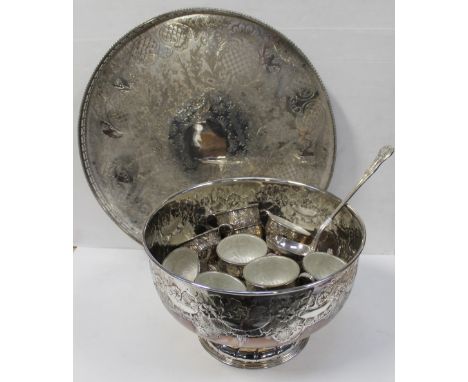 A large plated circular tray with gallery rim and chased decoration, diameter 57cm, a Viners plated and hand-chased punch bow
