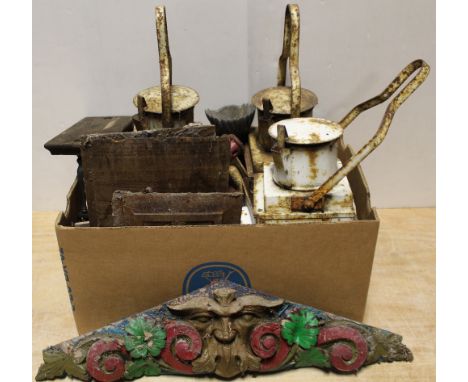 Three vintage metal industrial/railway lanterns (af), various carved decorative panels, one hand-painted, a grappling hook, p