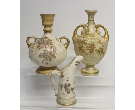 A Royal Worcester blush twin handle baluster vase decorated with passion flowers, height 26cm, a Royal Worcester blush jug de