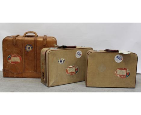 Three vintage suitcases to include a leather example, all with Cunard shipping labels (3).