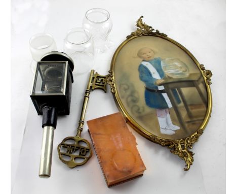 An early 20th century coach lamp, height 41cm, an oversized novelty brass key, a copper box etc (12).