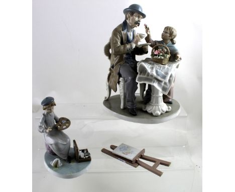 A Lladró figural group of an elderly gentleman drinking coffee and a young flower seller with basket of flowers, a young arti