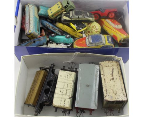 A quantity of various tin plate and diecast model vehicles to include GTP tin plate taxi, police car, school bus etc, diecast