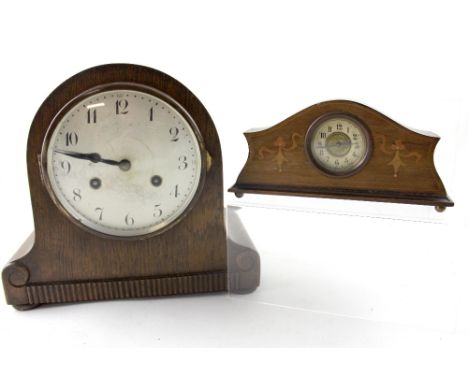 A 1920s/30s oak-cased mantel clock and an Edwardian inlaid mahogany example (2).