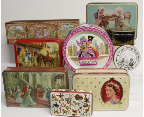 A collection of various vintage biscuit and sweet tins.