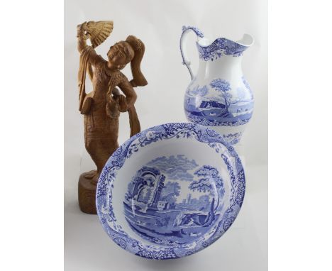 A large Spode blue and white Italian design wash bowl and jug and a modern carved wood figure of an Oriental theatrical dance