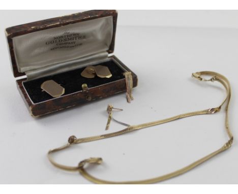 A 9ct yellow gold flat link necklace, a pair of 9ct gold matching drop earrings and a pair of 9ct gold engine-turned gentleme